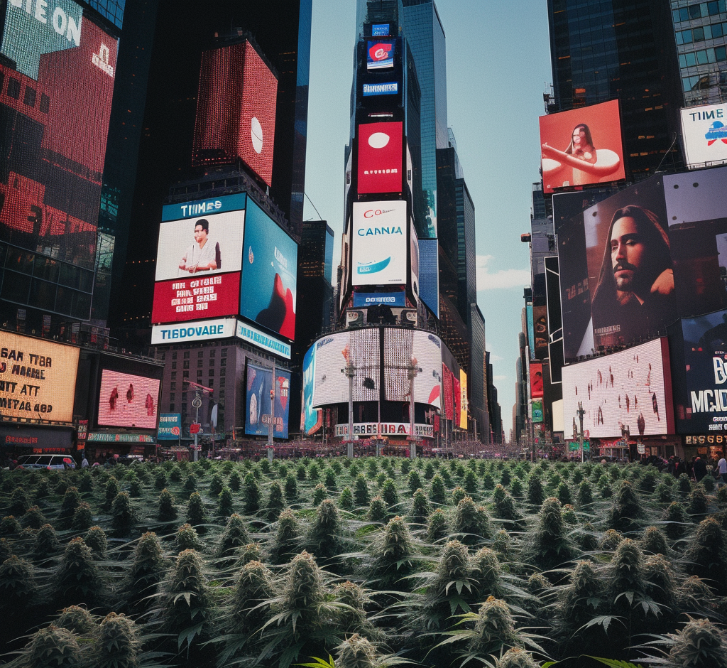 wholesale thc edibles in nyc, times square filled with marijuana cannabis flowering plants