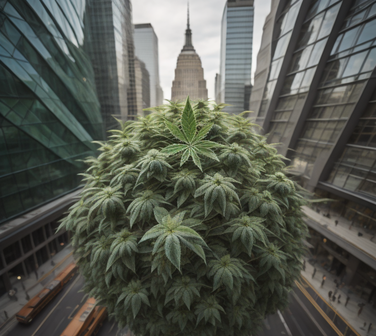 ball of wholesale marijuana flower in nyc in the air by above the street next to the skyscrapers