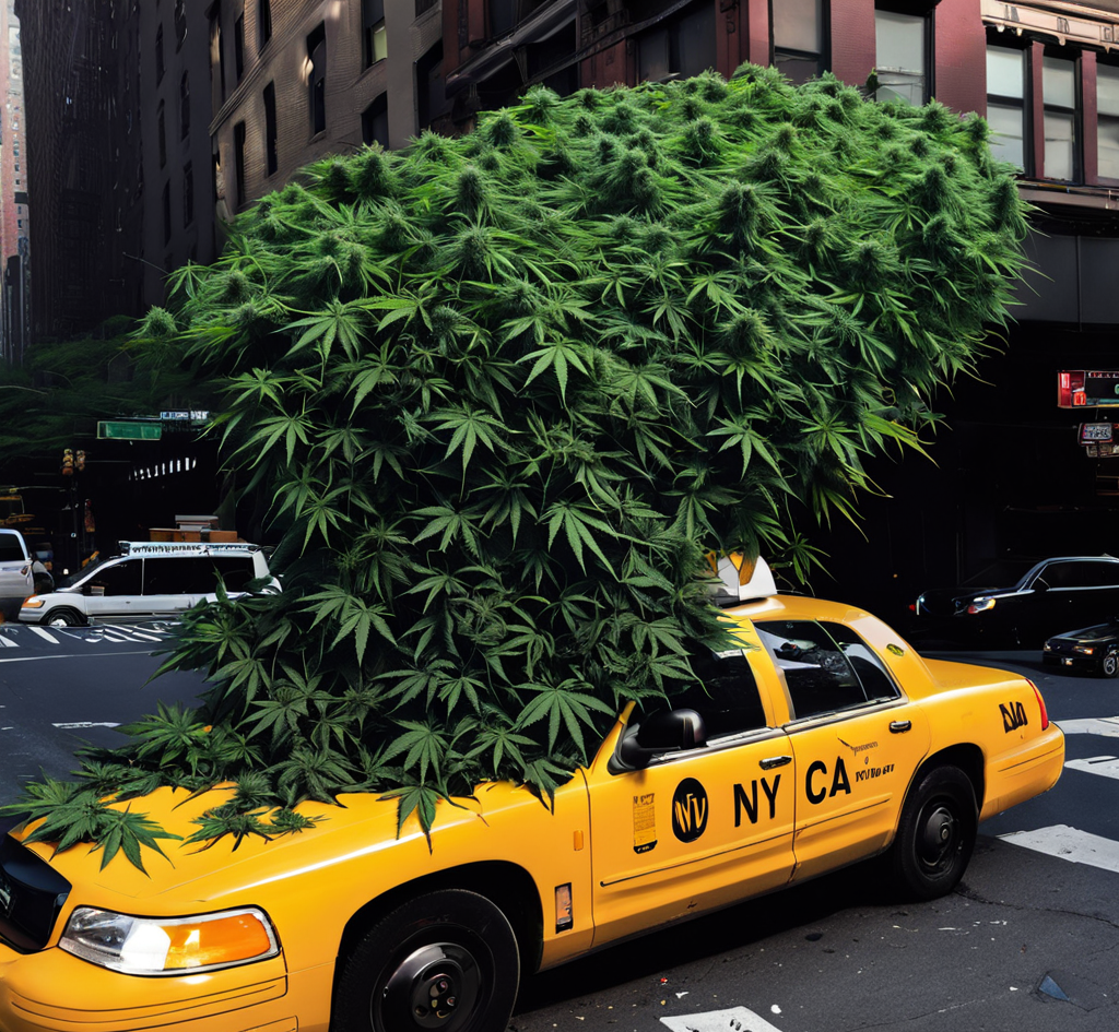wholesale thc edibles in nyc, taxi cab completely stacked with marijuana cannabis plants