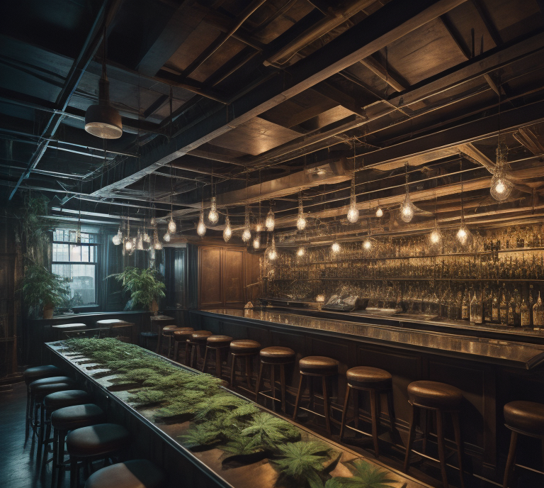 wholesale marijuana flower in nyc in a bar in downtown nyc, with cannabis on the plates