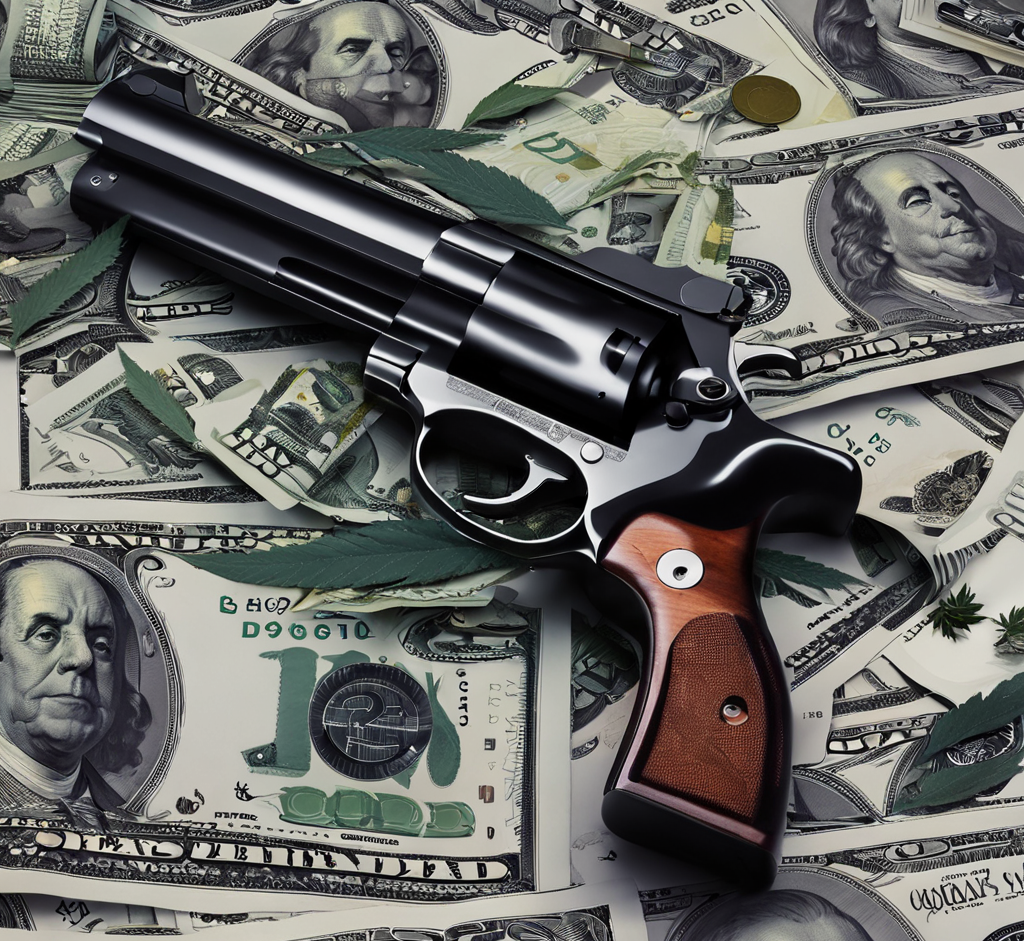 wholesale cannabis california cash gun and marijuana leaves