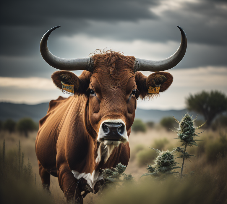 buy weed in austin, longhorn bull in a field in texas with marijuana flowers growing.