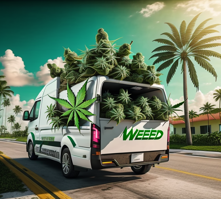 weed delivery in miami, truck filled with cannabis and a palm tree in the background