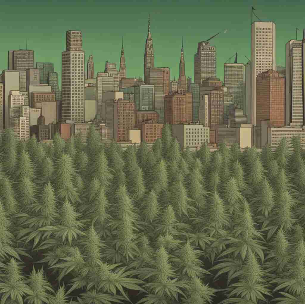 wholesale weed in new york, downtown nyc skyline with marijuana growing across the river