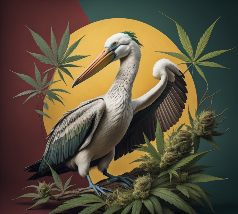 wholesale cannabis edibles louisiana with a pelican standing on a marijuana plant in front of a flag with cannabis leaves