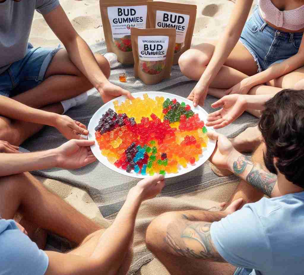 wholesale weed california, people sitting on a beach surrounding a plate of edibles thc cannabis marijuana gummies