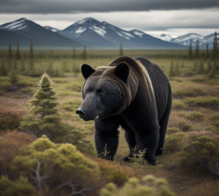 buy weed in alaska, bear standing in the alaska tundra with a marijuana plant and moutians in the background.